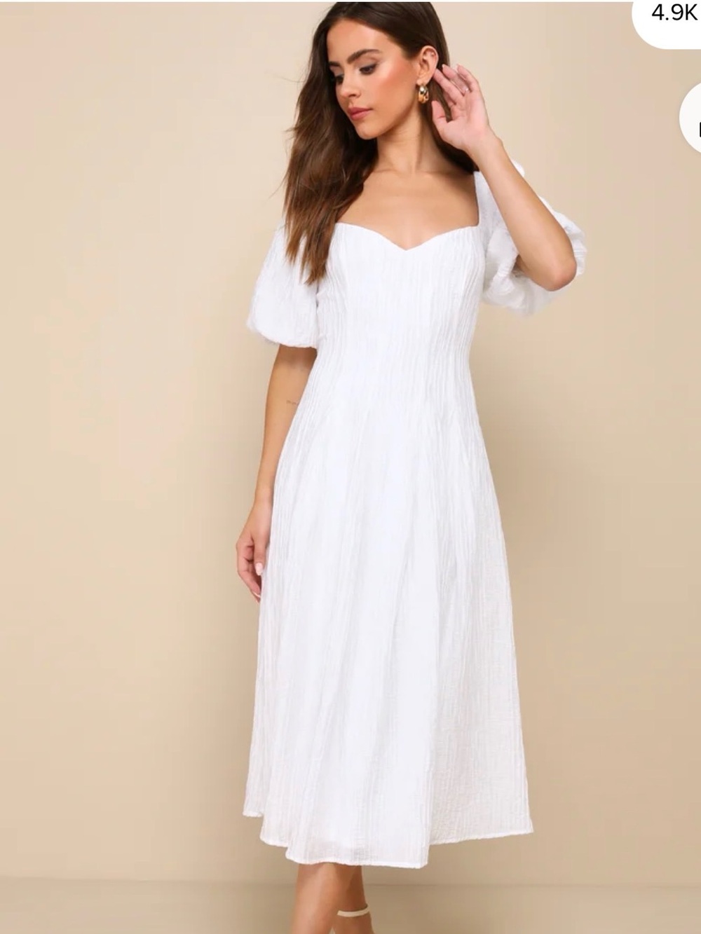 Lulu's Heavenly Energy White Textured Puff Sleeve Pleated Midi Dress